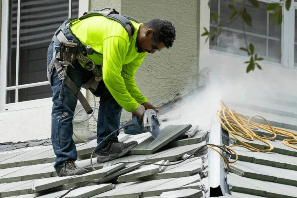 Professional roofer working on a house roof in London