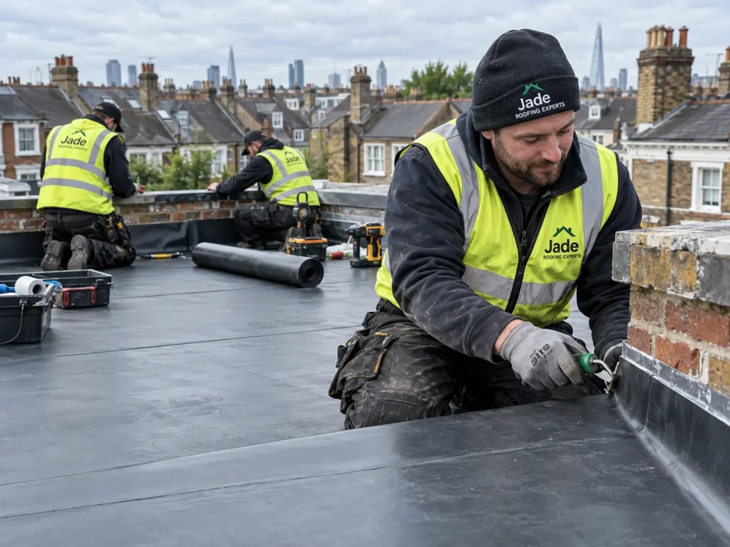 Rooftop roofing experts at work — professional contractors installing and repairing durable flat and pitched roofs with safety equipment and skilled craftsmanship in London