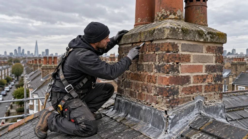 Jade Roofing Experts inspecting chimney brickwork and lead flashing
