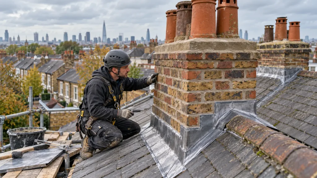 Roofer repairing lead flashing around a chimney in London