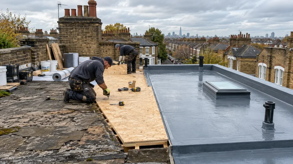 GRP flat roof installation in Kilburn, London — expert roofing contractors providing durable fiberglass roofing, leak-proof protection, and professional maintenance for residential and commercial properties.