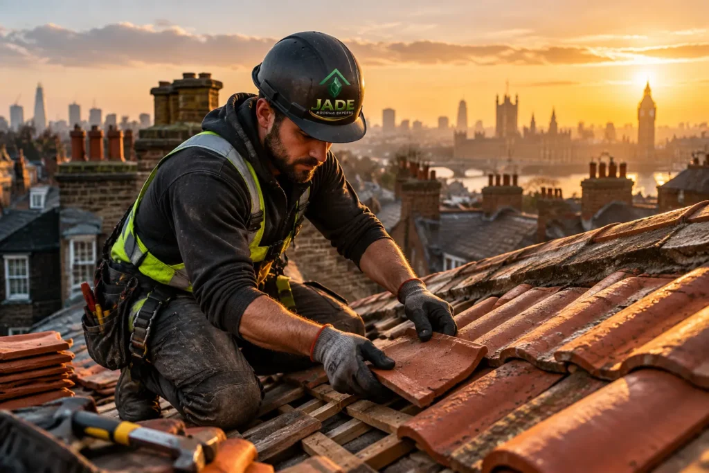 Silhouetted roofer working on a roof against a golden sunset over the London skyline.