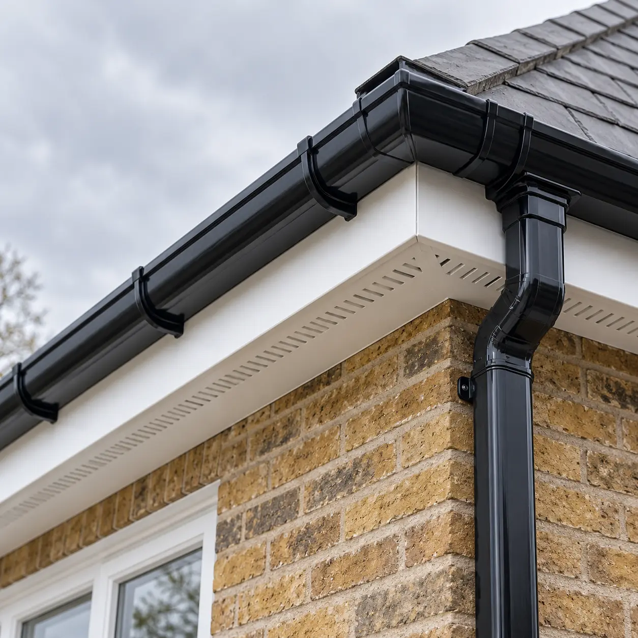 White fascia and ventilated soffit boards with black guttering along a roof edge