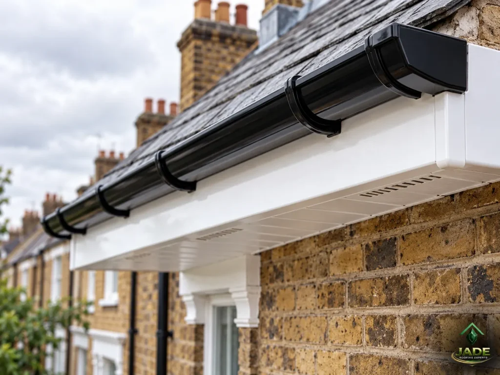 White vented soffit boards and fascia with black guttering on a house